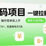 首码一键拉新项目，稳定靠谱，操作简单易上手，单号一小时70+，批量做每天5张【揭秘】