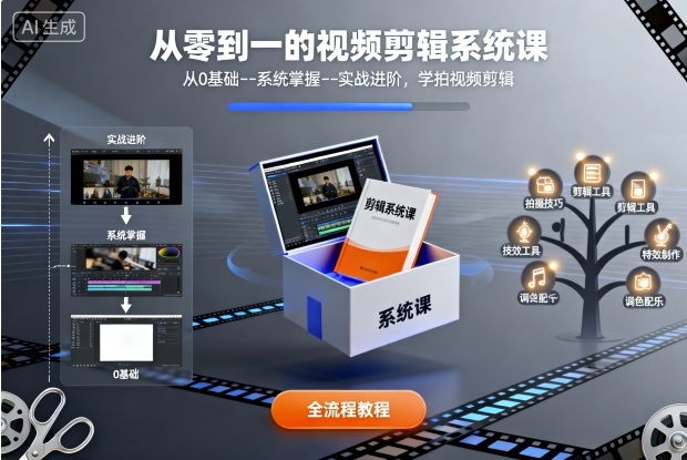 从零到一的视频剪辑系统课，从0基础&#8211;系统掌握&#8211;实战进阶，学拍视频剪辑