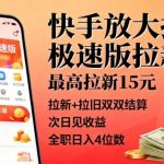 快手放大招！极速版拉新，最高拉新15米，拉新+拉旧双双结算，次日见收益，全职日入4位数