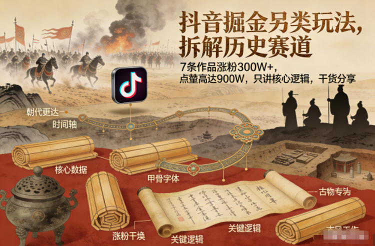 抖音掘金另类玩法，拆解历史赛道，7条作品涨粉300W+，点赞量高达900W，只讲核心逻辑，干货分享[/erphpdown]
