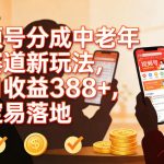 视频号分成中老年人赛道新玩法，单日收益388，稳定易落地