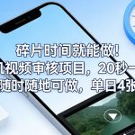 碎片时间就能做！手机视频审核项目，20秒一单，随时随地可做，单日4张+【揭秘】