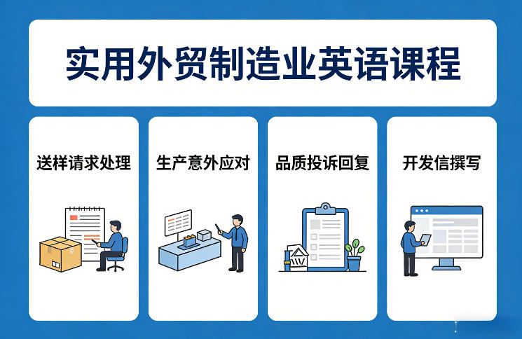 实用外贸制造业英语课程，教你专业处理送样请求、应对生产意外、回复品质投诉、撰写开发信等