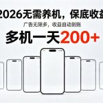 2026最新平台，无需养机，保底收益，无限广告，多机批量操作，一天轻松200+【揭秘】