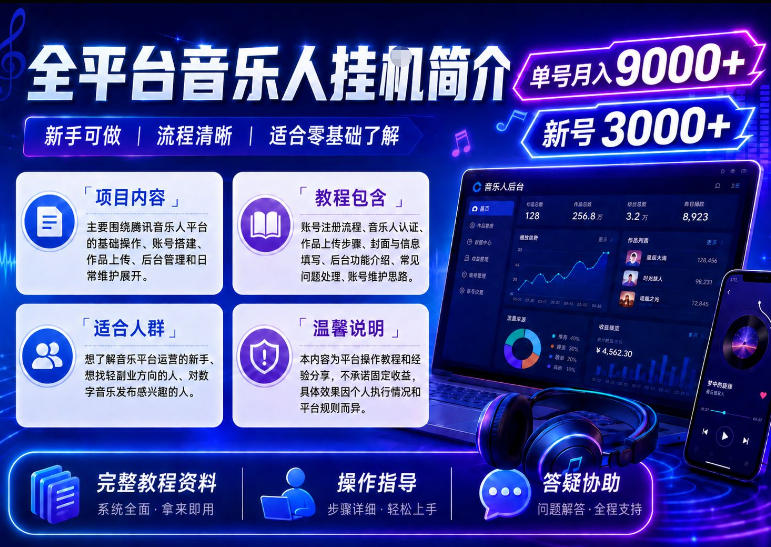 全平台音乐类挂G，单机单号月入9000+，可矩阵，可工作室放大操作【揭秘】