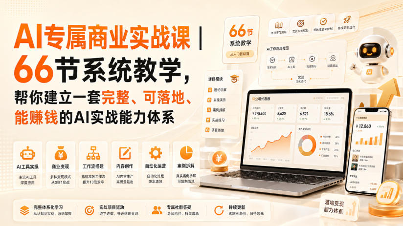 AI专属商业实战课｜66节系统教学，帮你建立一套完整、可落地、能賺钱的AI实战能力体系