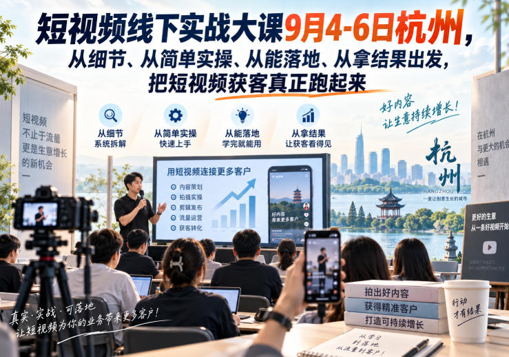 短视频线下实战大课9月4-6日杭州，从细节、从简单实操、从能落地、从拿结果出发，把短视频获客真正跑起来