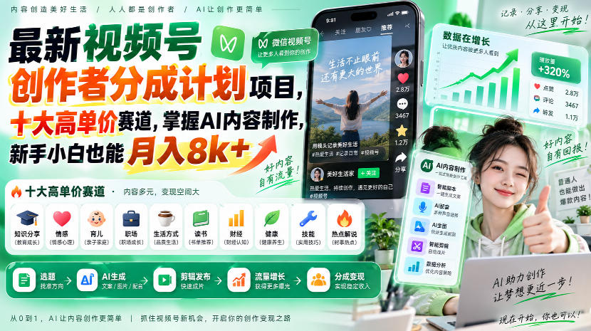 最新视频号创作者分成计划项目，十大高单价赛道，掌握AI内容制作，新手小白也能月入8k+
