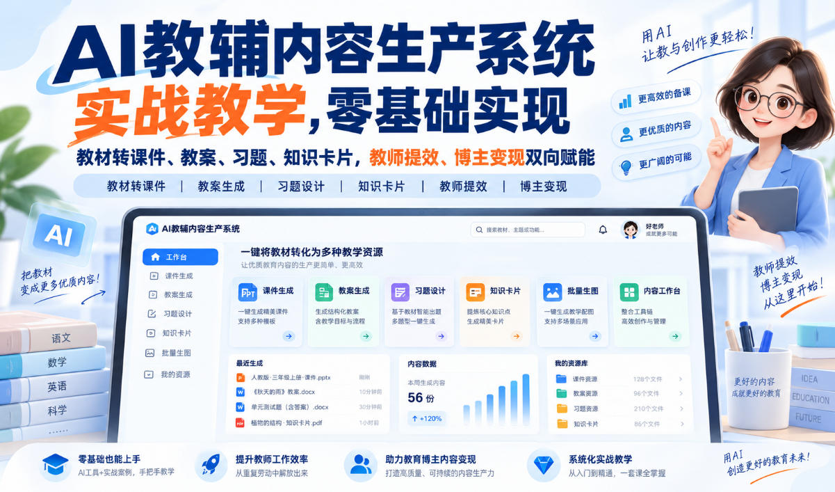 【无水印】AI教辅内容生产系统实战教学，零基础实现教材转课件、教案、习题、知识卡片，教师提效、博主变现双向赋能（更新0926）