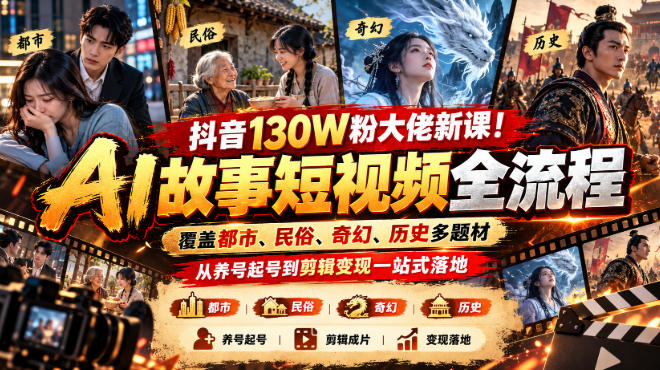 抖音130W粉大佬新课！AI故事短视频全流程，覆盖都市、民俗、奇幻、历史多题材，从养号起号到剪辑变现一站式落地