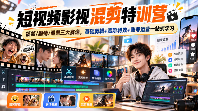 短视频影视混剪特训营｜搞笑/剧情/混剪三大赛道，基础剪辑+高阶特效+账号运营一站式学习