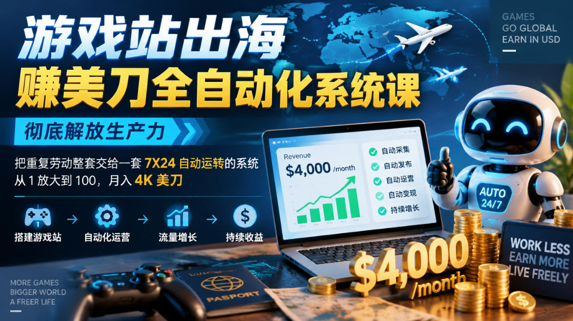 游戏站出海賺美刀全自动化系统课，彻底解放生产力–把重复劳动整套交给一套7X24自动运转的系统，从1放大到100，月入4K美刀