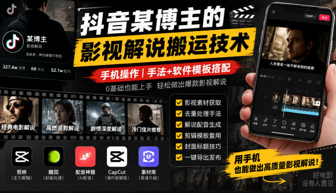 抖音某博主的影视解说搬运技术，手机操作，手法+软件模板搭配
