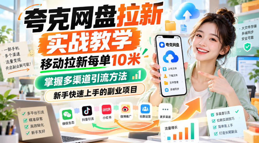 夸克网盘拉新实战教学，移动拉新每单10米，掌握多渠道引流方法，新手快速上手的副业项目（更新1028）